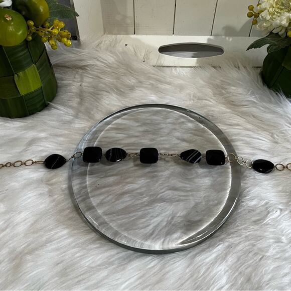 NEW Technibond Onyx Stone Varigated Bead Gold Circular Clasp Statement Necklace - Picture 12 of 15